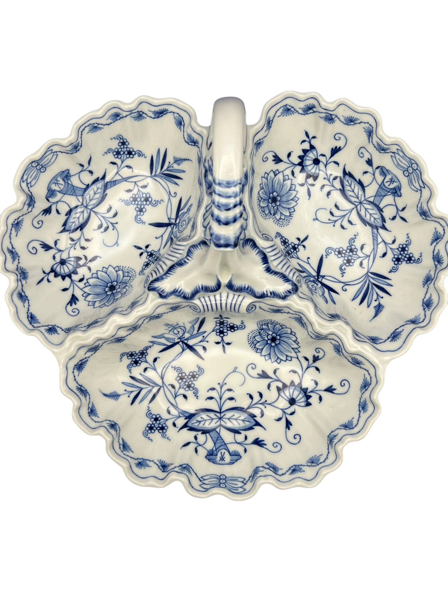 Meissen Porcelain "Blue Onion" Three-Lobed Serving Dish w/ Handle