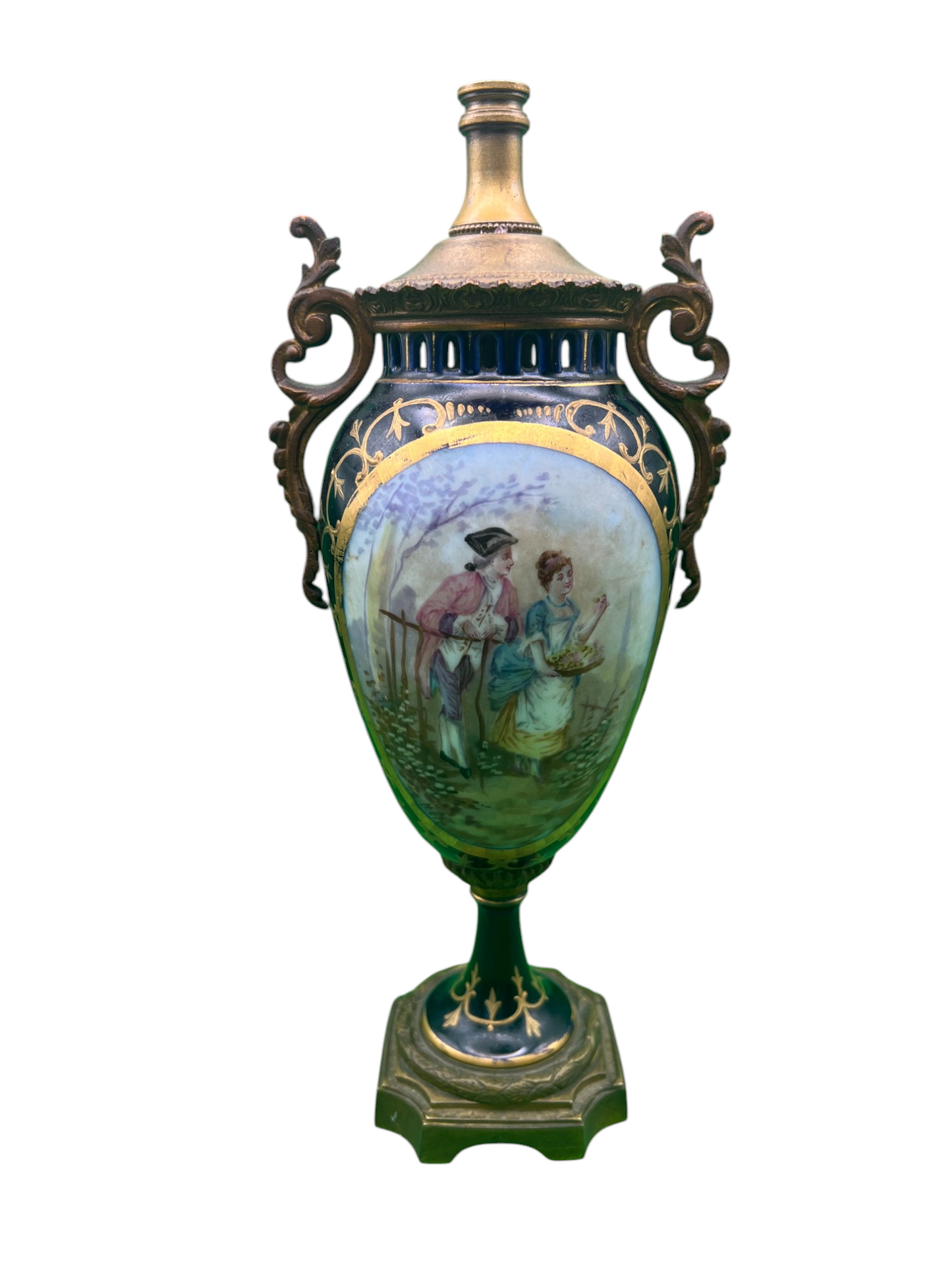 Sevres Porcelain & Brass Hand-Painted Urn