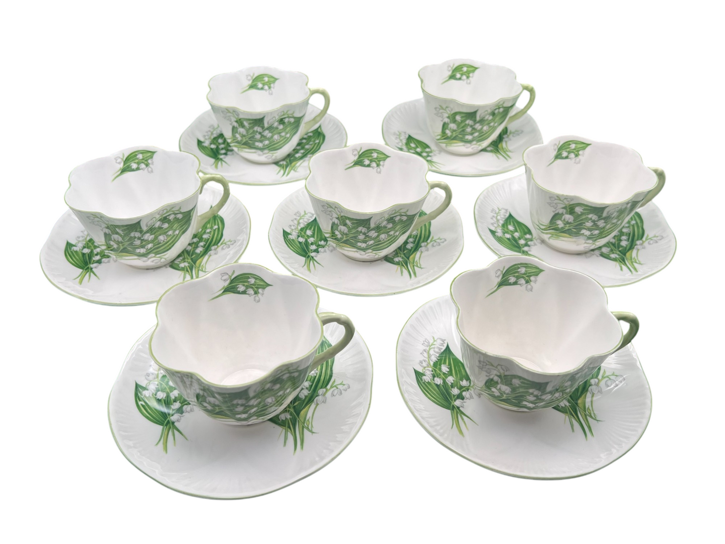 Shelley Fine Bone China "Lily of the Valley" Tea Cups & Saucers, Set of 7