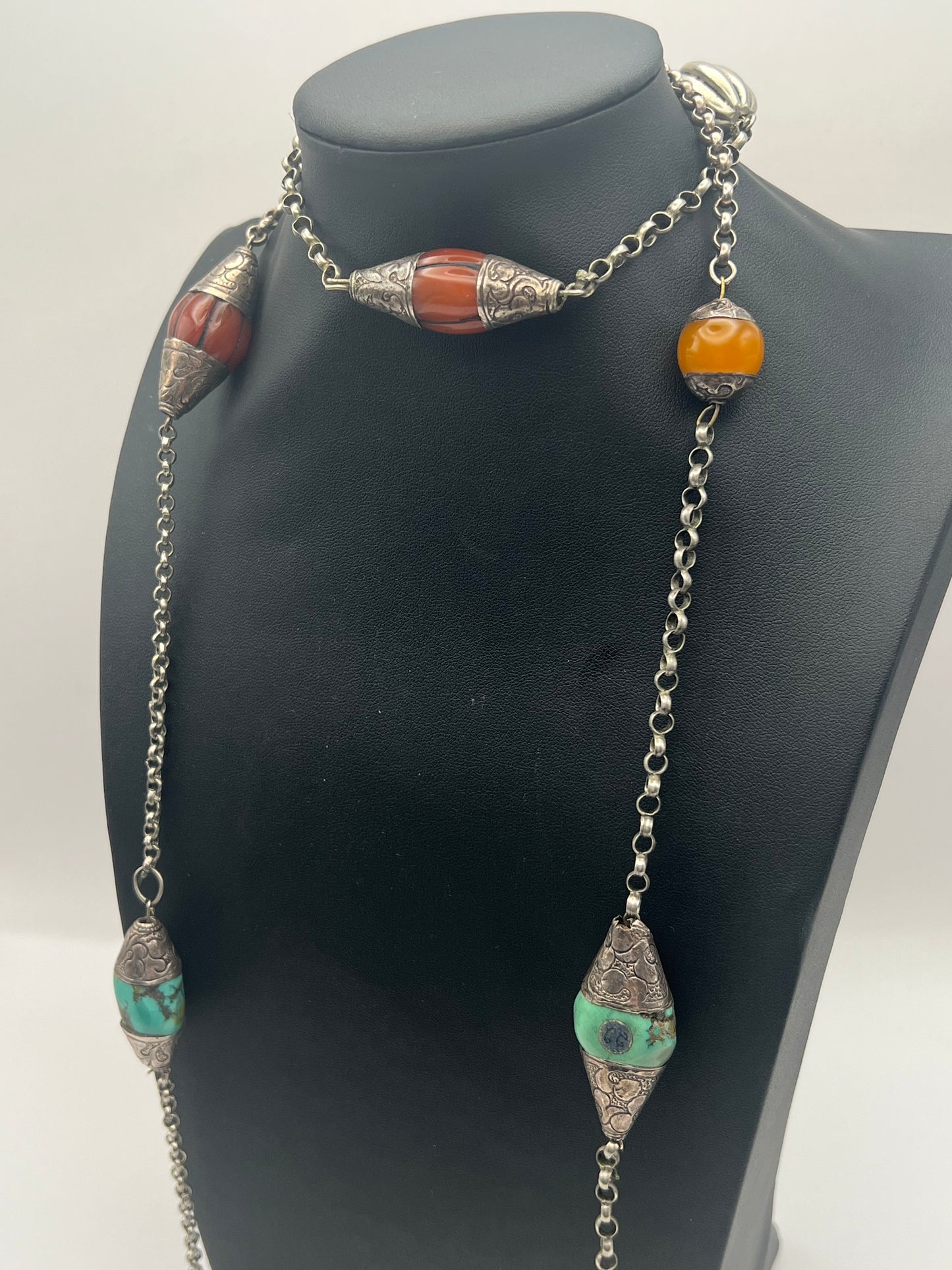 Vintage Silver Carnelian & Turquoise Necklace