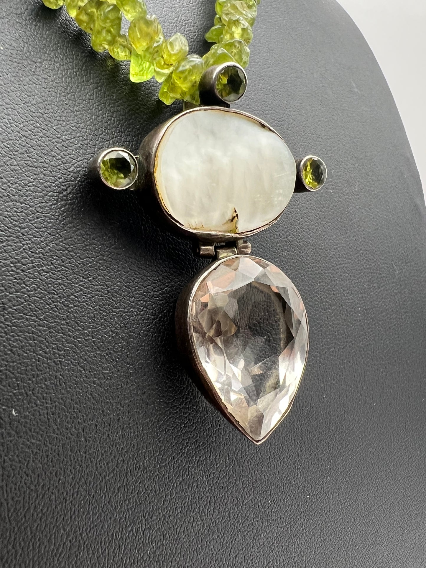 Citrine & Green Serpentine Statement Necklace w/ Mother of Pearl