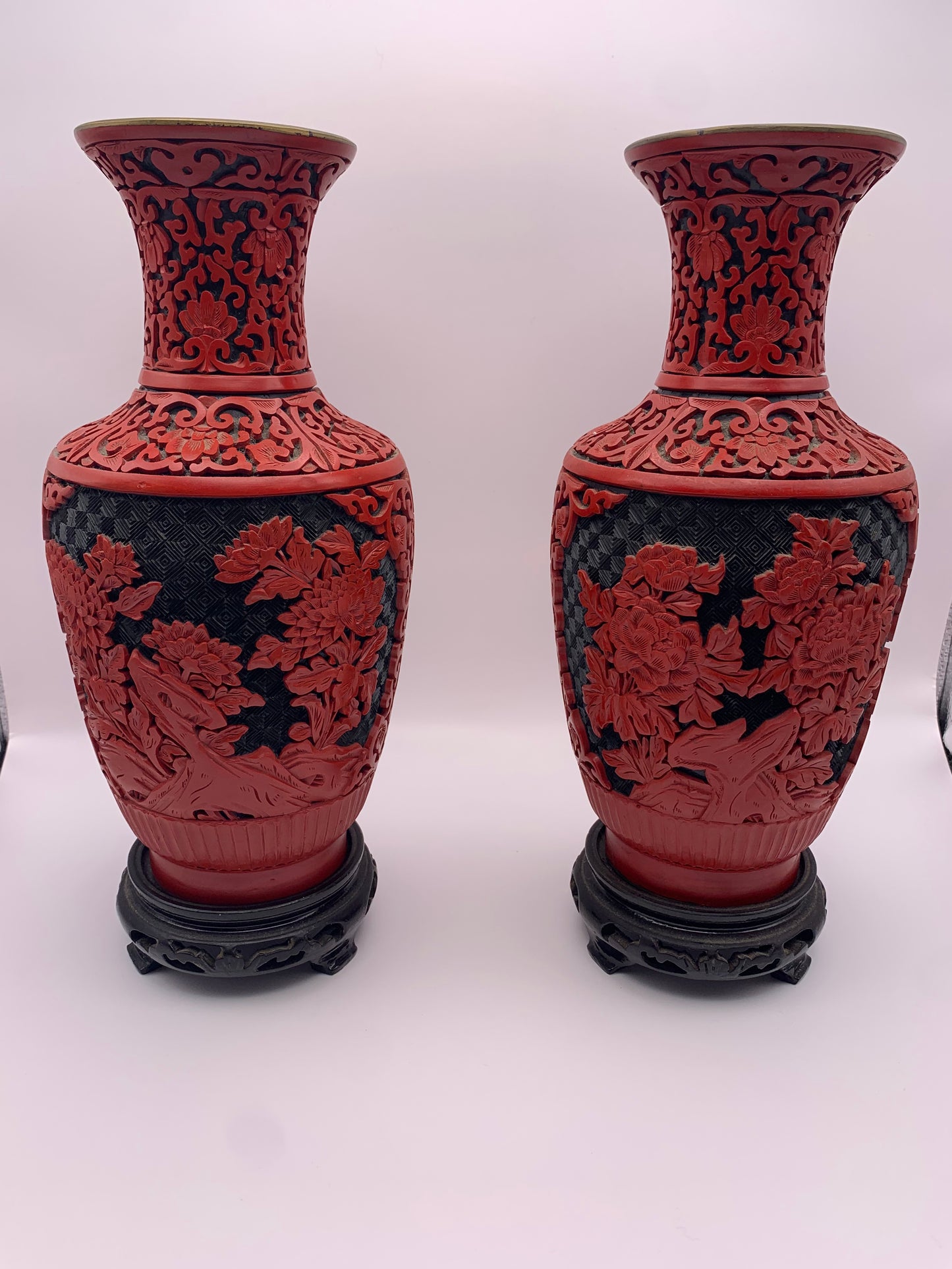 Pair of Cinnabar Red Lacquer Chinese Vases