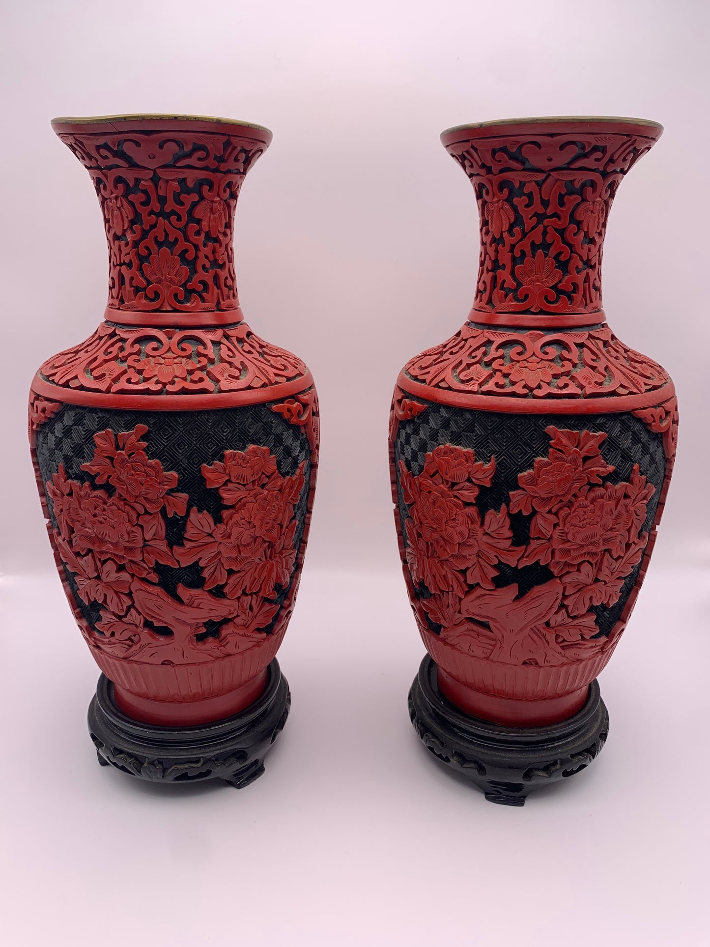 Pair of Cinnabar Red Lacquer Chinese Vases