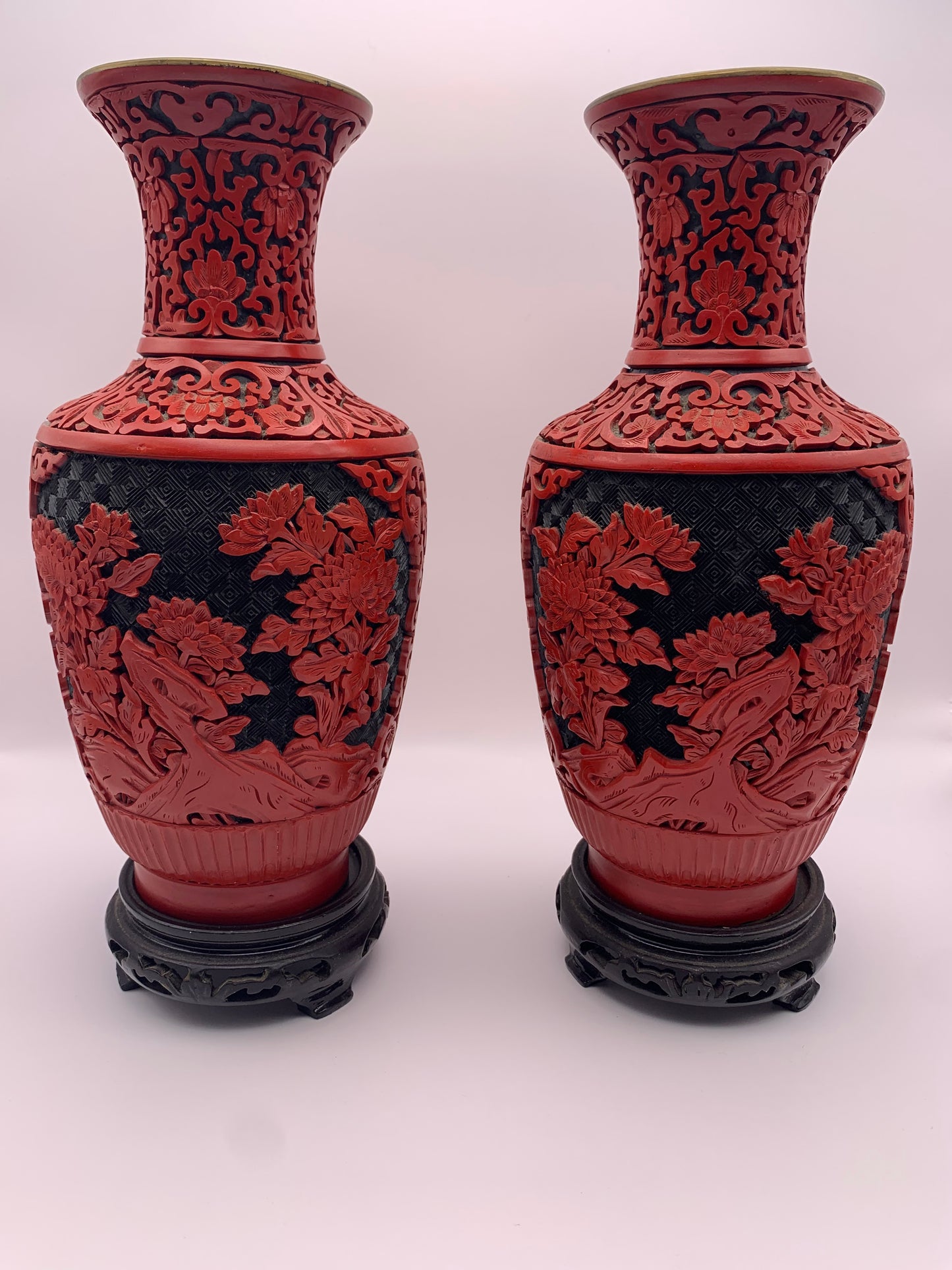 Pair of Cinnabar Red Lacquer Chinese Vases