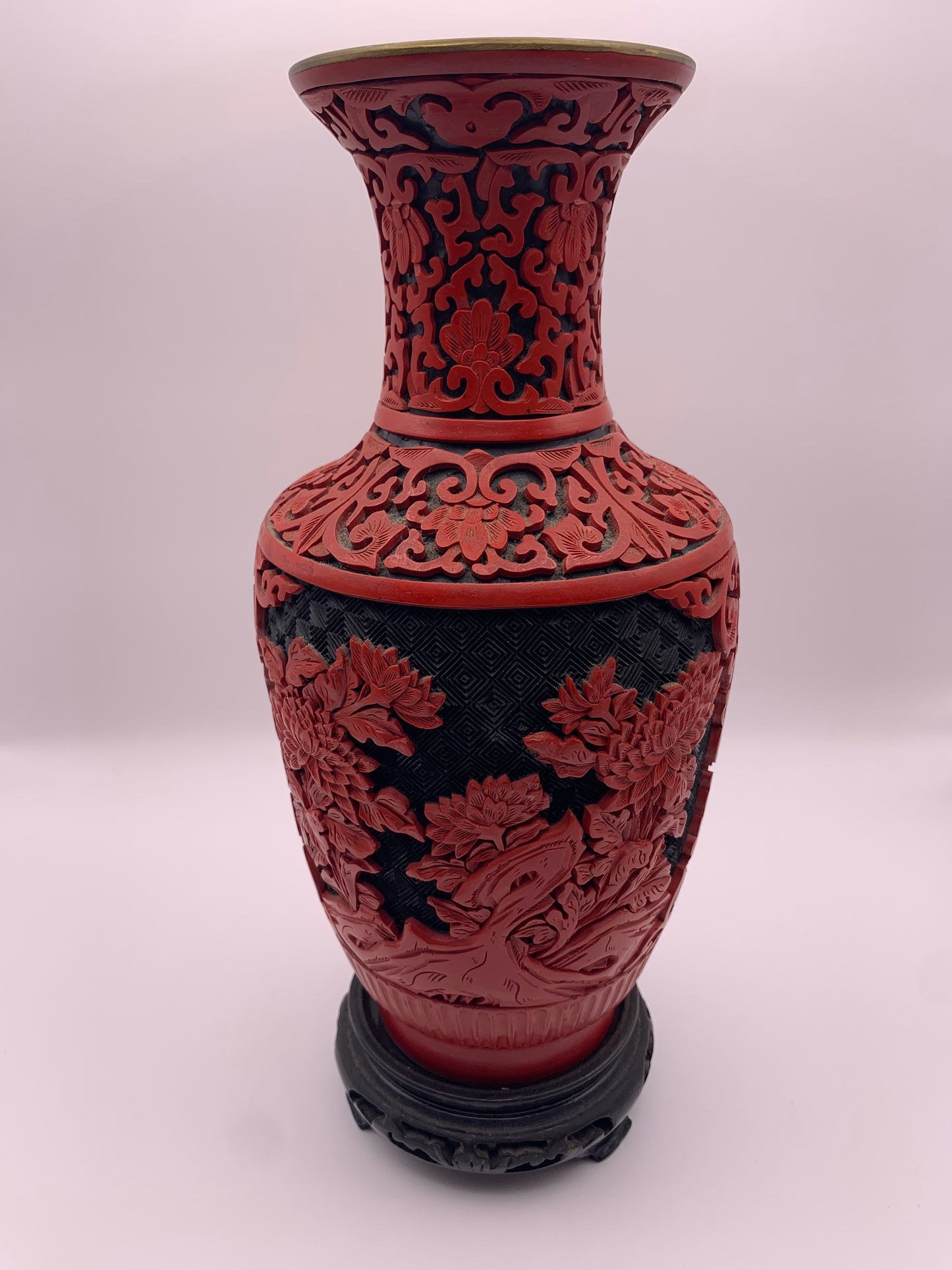 Pair of Cinnabar Red Lacquer Chinese Vases