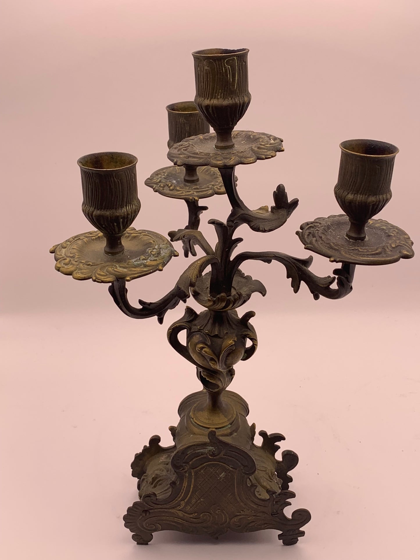 Antique French Bronze & Enamel Clock from 18th Century & Matching Candelabras
