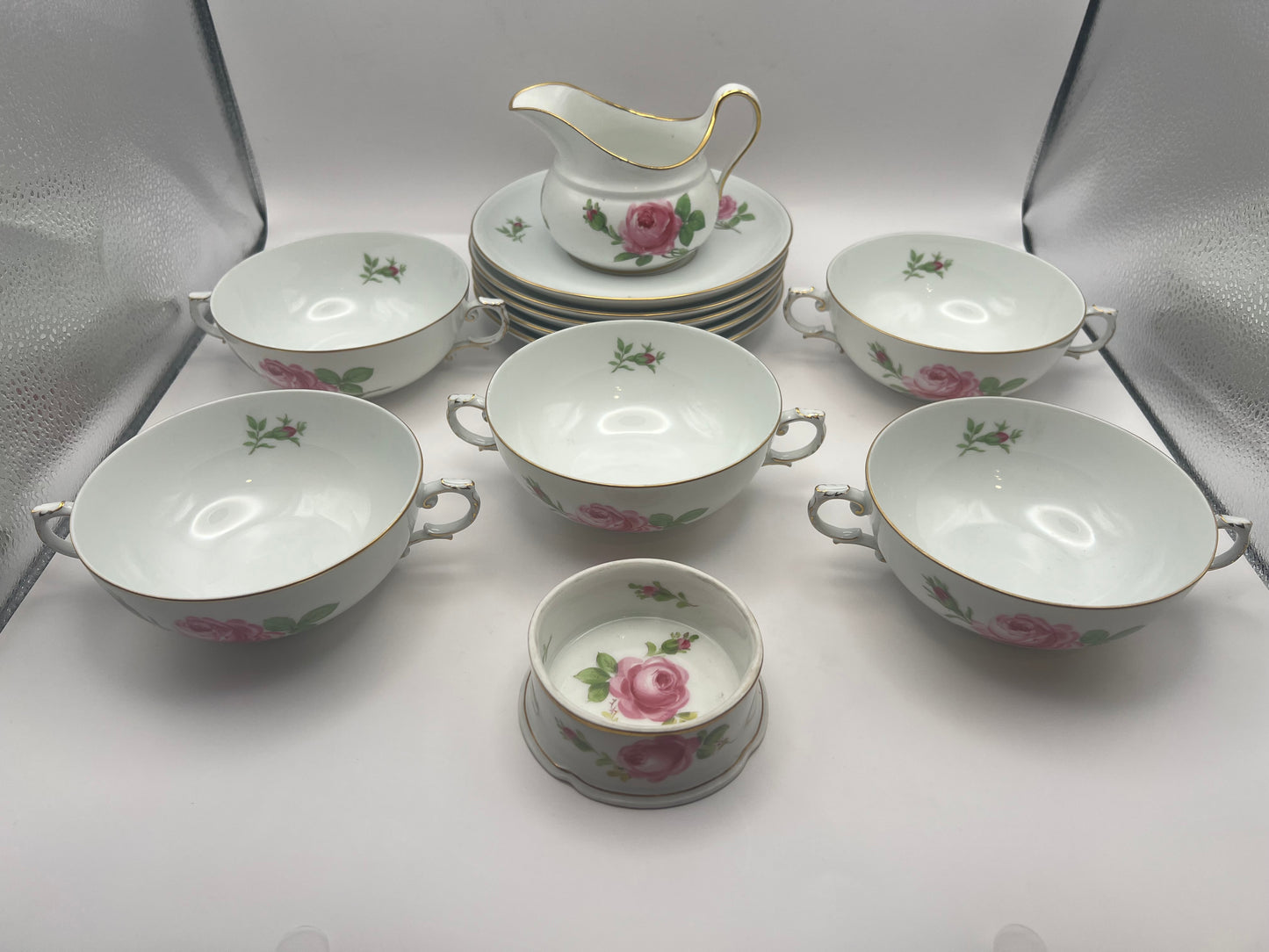 Meissen Porcelain "Pink Rose" Soup Bowl Set