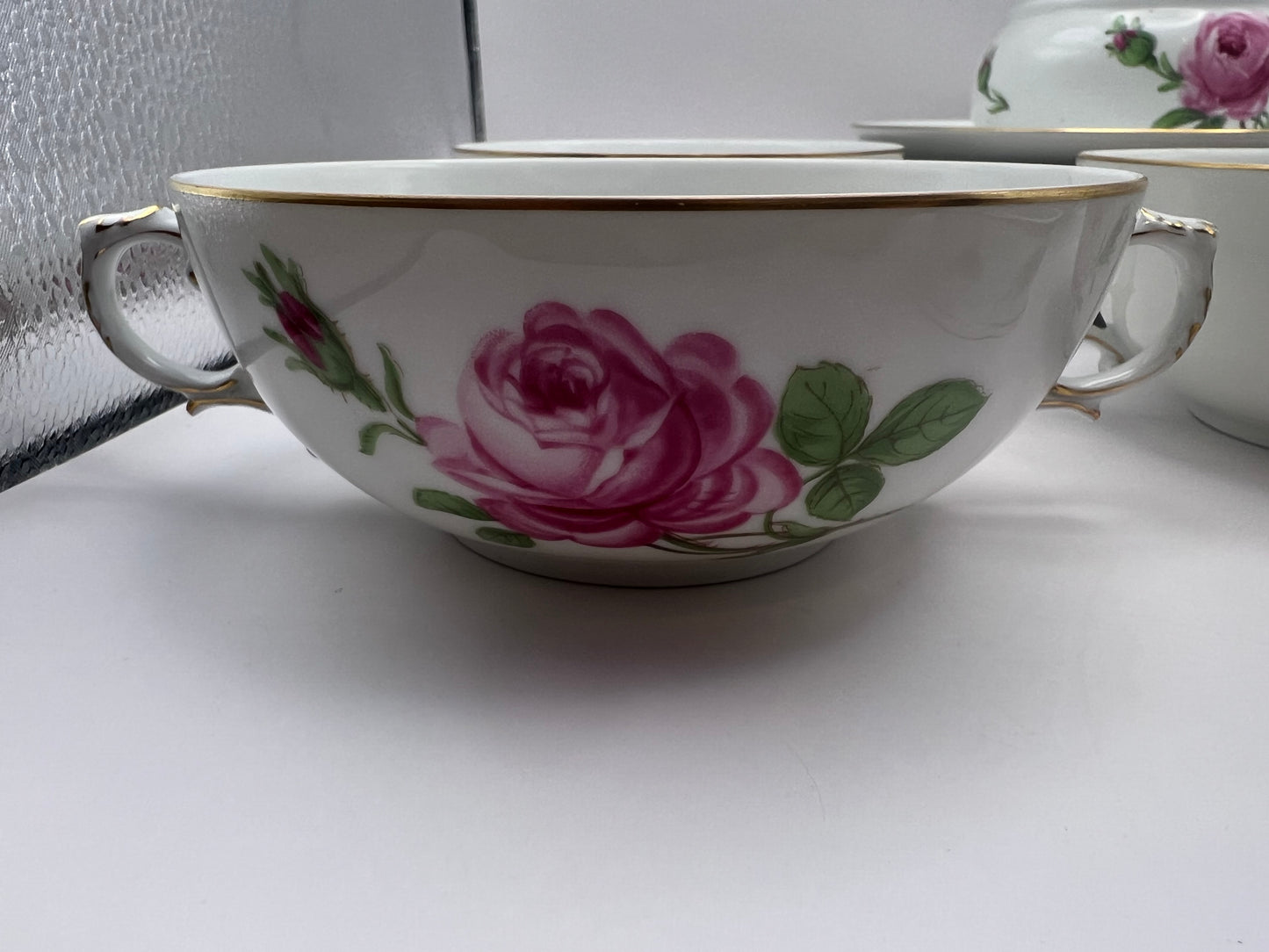 Meissen Porcelain "Pink Rose" Soup Bowl Set