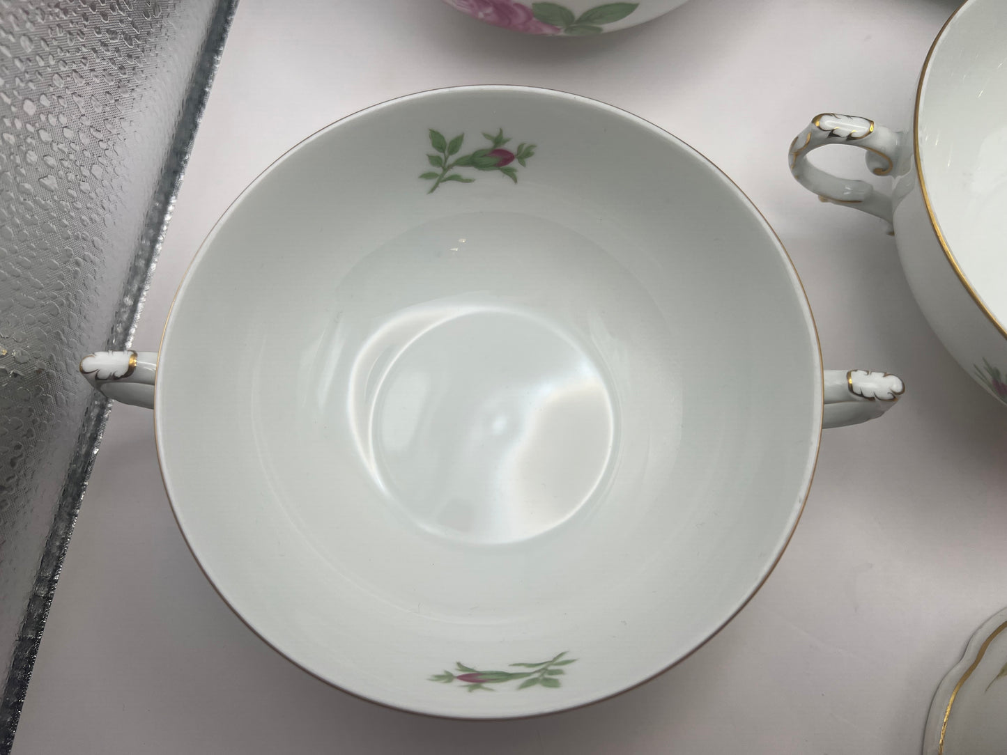 Meissen Porcelain "Pink Rose" Soup Bowl Set